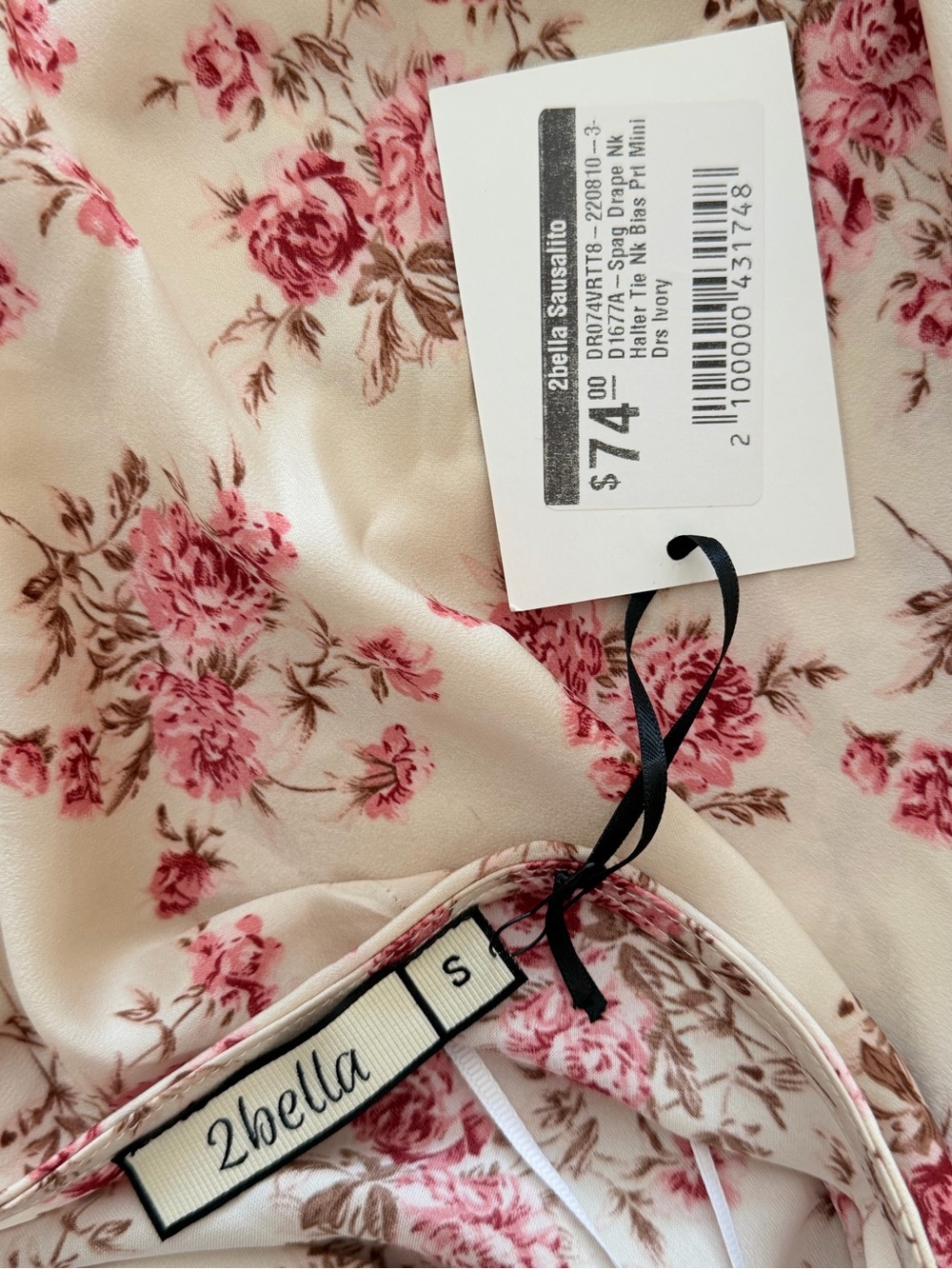 *NWT 2Bella Floral Satin Mini Dress Ivory & Pink Size Small